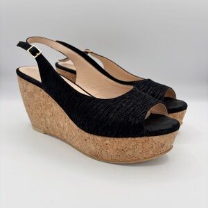 Sacha London Black Peep Toe Cork Wedge Slingback Heels Sz 8